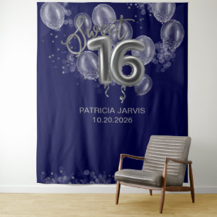 Silver Sweet 16 Bday Balloons Royal Blue Backdrops Wandteppich