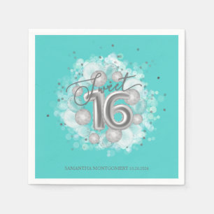 Silver Sweet 16 Birthday Balloons Party Aquamarin Serviette