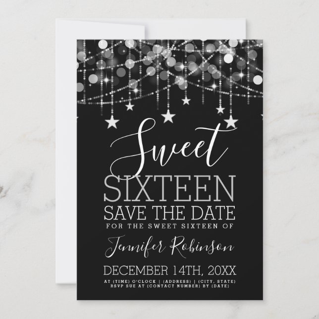 Silver Sweet 16 Funkelnd String Lights Rett Date Save The Date (Vorderseite)