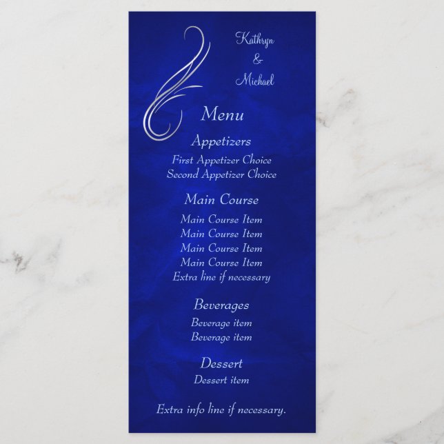 Silver Swirl Bright Blue Wedding Menu Menükarte (Vorderseite)