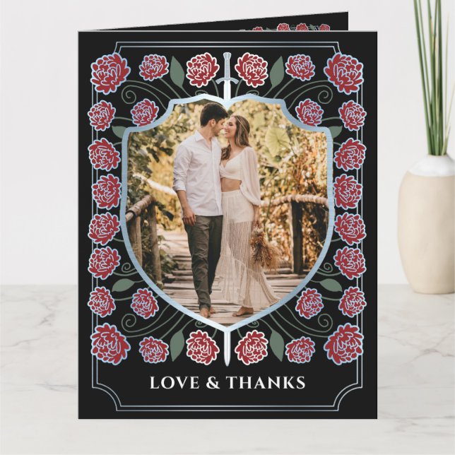 Silver Sword Shield Fantasy Monogram Wedding Dankeskarte (Vorderseite)