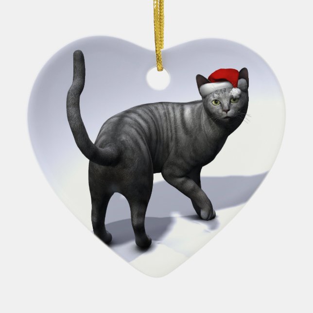 Silver Tabby Santa Claus Hat Keramik Ornament (Vorne)