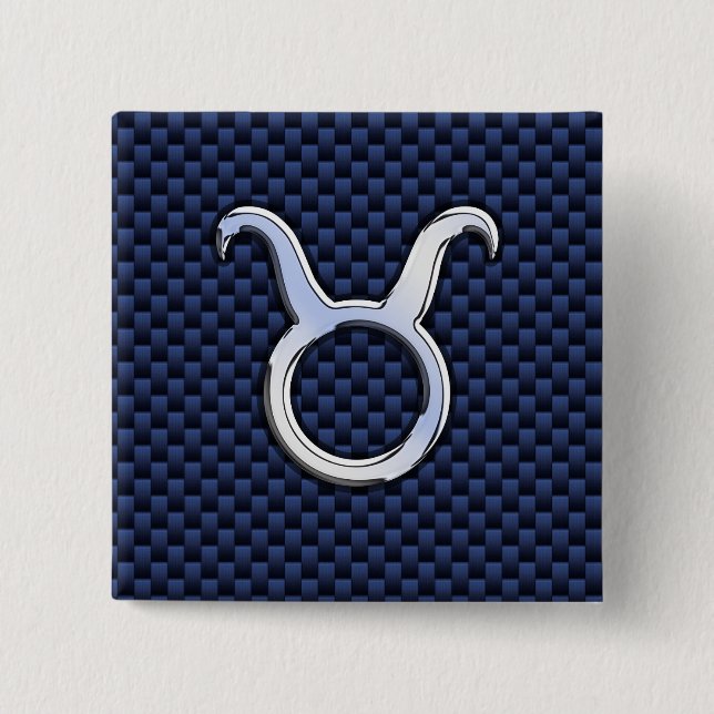 Silver Taurus Zodiac Sign Blue Carbon Fibre Print Button (Vorderseite)
