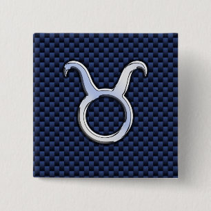 Silver Taurus Zodiac Sign Blue Carbon Fibre Print Button