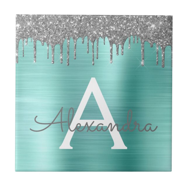 Silver Teal Glitter Brushed Metal Monogram Name Fliese (Vorderseite)