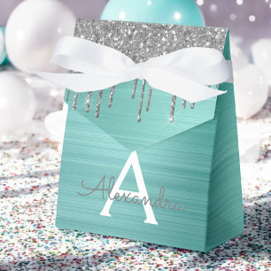Silver Teal Glitter Brushed Metal Monogram Name Geschenkschachtel