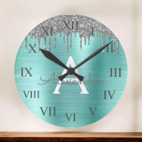 Silver Teal Glitter Brushed Metal Monogram Name