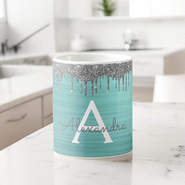 Silver Teal Glitter Brushed Metal Monogram Name Kaffeetasse (Von Creator hochgeladen)