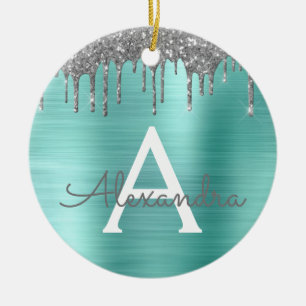 Silver Teal Glitter Brushed Metal Monogram Name Keramik Ornament