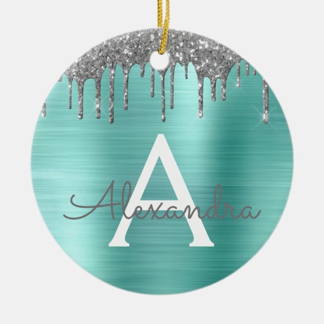 Silver Teal Glitter Brushed Metal Monogram Name Keramik Ornament (Vorne)