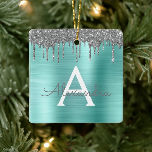 Silver Teal Glitter Brushed Metal Monogram Name Keramikornament (Baum)