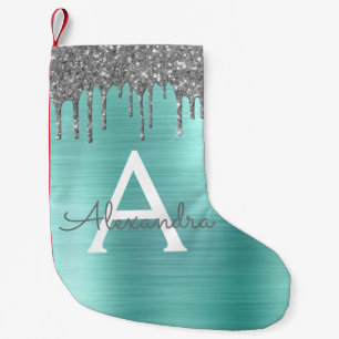 Silver Teal Glitter Brushed Metal Monogram Name Kleiner Weihnachtsstrumpf