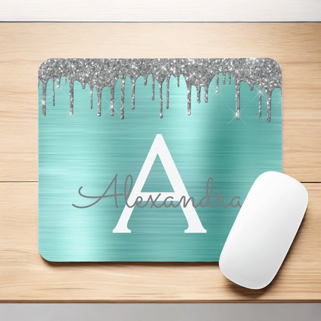 Silver Teal Glitter Brushed Metal Monogram Name Mousepad (Von Creator hochgeladen)