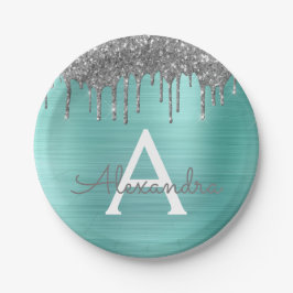 Silver Teal Glitter Brushed Metal Monogram Name Pappteller