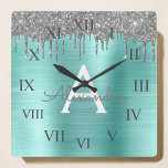 Silver Teal Glitter Brushed Metal Monogram Name Quadratische Wanduhr<br><div class="desc">Silver and Teal Aqua Blue Scheinfoil Metallic Sparkle Glitter Brushed Metal Monogram Name and Initial Luxury Wall Clock. This makes the perfect sweet 16 birthday,  wedding,  bridal shower,  anniversary,  baby shower or bachelorette party gift for someone that loves glam luxury and chic styles.</div>