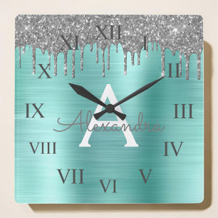 Silver Teal Glitter Brushed Metal Monogram Name Quadratische Wanduhr