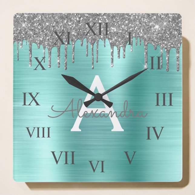 Silver Teal Glitter Brushed Metal Monogram Name Quadratische Wanduhr (Von Creator hochgeladen)