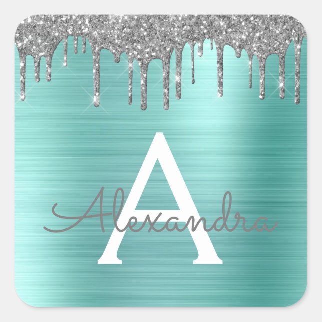 Silver Teal Glitter Brushed Metal Monogram Name Quadratischer Aufkleber (Vorderseite)