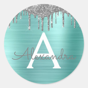 Silver Teal Glitter Brushed Metal Monogram Name Runder Aufkleber