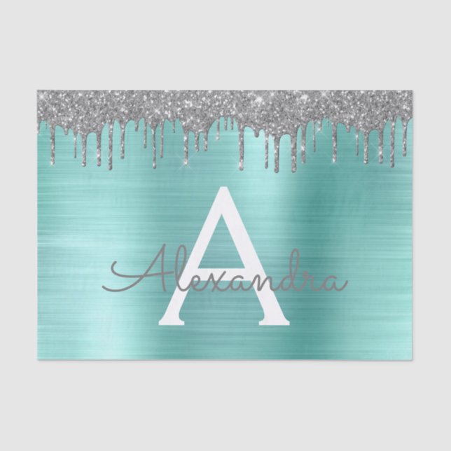 Silver Teal Glitter Brushed Metal Monogram Name Seidenpapier (Vorderseite)