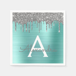Silver Teal Glitter Brushed Metal Monogram Name Serviette