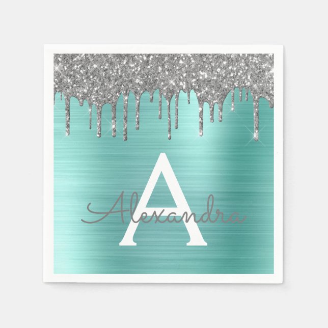Silver Teal Glitter Brushed Metal Monogram Name Serviette (Vorderseite)