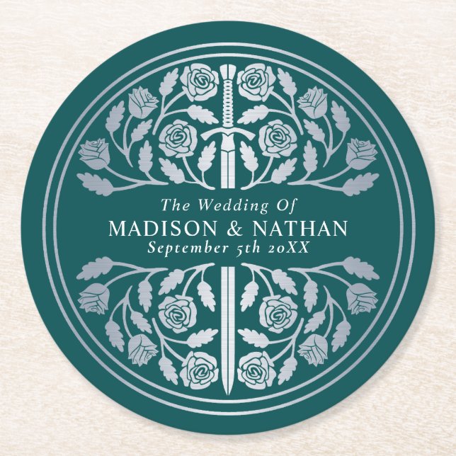 Silver Teal Royal Medieval Sword Wedding Runder Pappuntersetzer (Vorderseite)