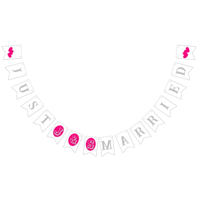 Silver Text und Initialen, Magenta Herz auf Weiß Wimpelkette (Alle)