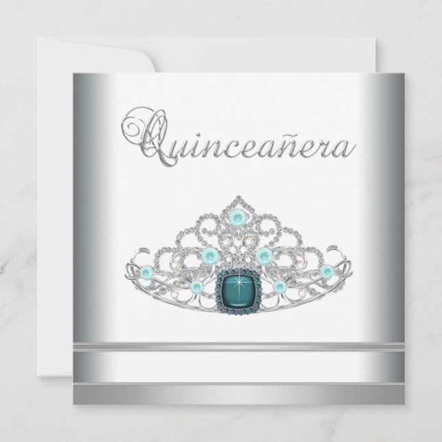 Silver Tiara Aquamarin Blue Quinceanera Einladung (Vorderseite)