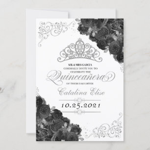 Silver Tiara Black Rose Glitzer Quinceañera Einladung