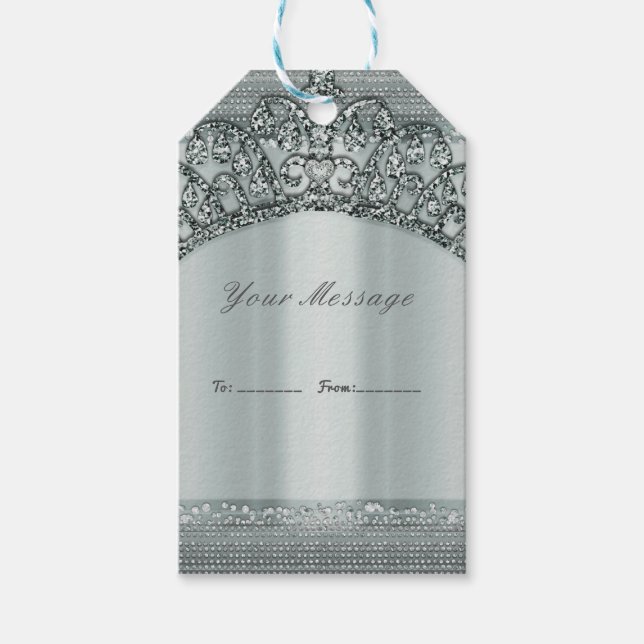 Silver Tiara Crown & Diamond Bling Gastgeschenk Geschenkanhänger (Vorderseite)