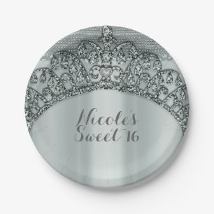 Silver Tiara Crown & Diamond Bling Party Pappteller