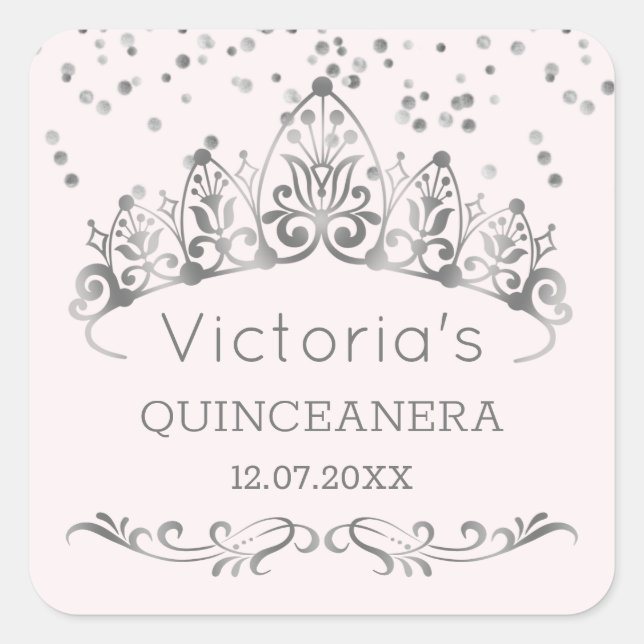 Silver tiara, polka dot confetti Quinceanera Quadratischer Aufkleber (Vorderseite)