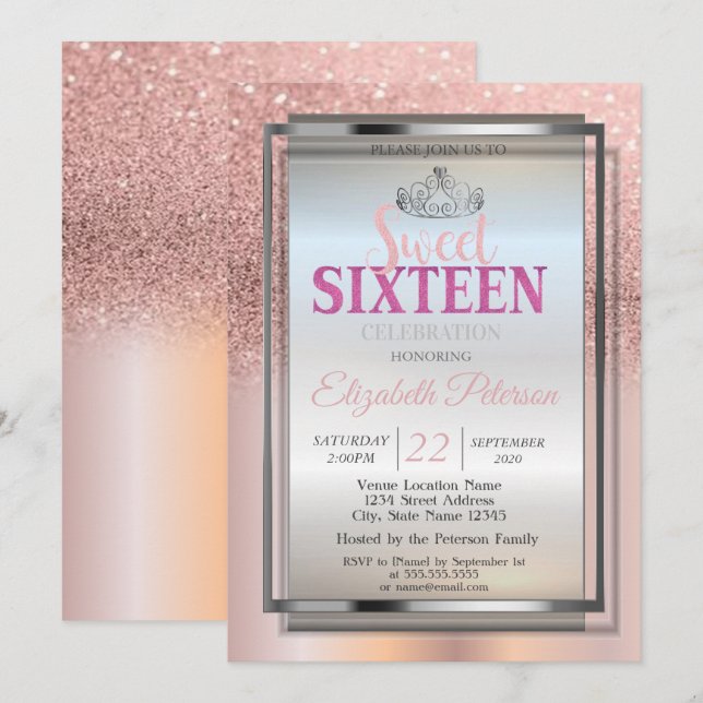 Silver Tiara, Rose Gold Glitzer Sweet 16 Party Einladung (Vorne/Hinten)
