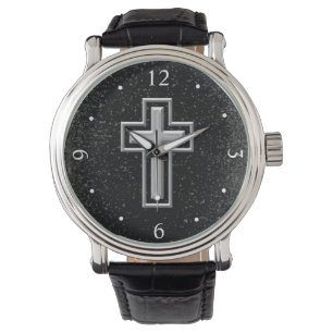 Silver Tone Christlich Cross auf Black Sparkle Armbanduhr
