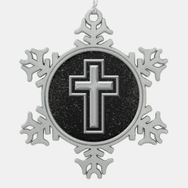 Silver Tone Christlich Cross auf Black Sparkle Schneeflocken Zinn-Ornament