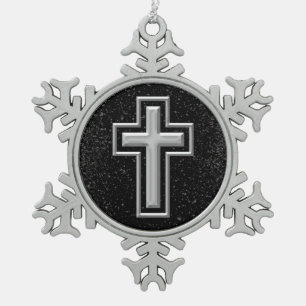Silver Tone Christlich Cross auf Black Sparkle Schneeflocken Zinn-Ornament