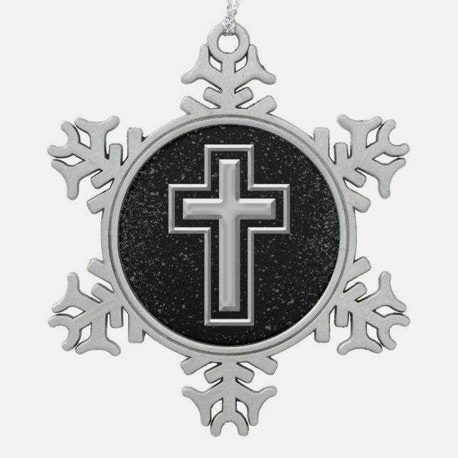 Silver Tone Christlich Cross auf Black Sparkle Schneeflocken Zinn-Ornament (Vorderseite)