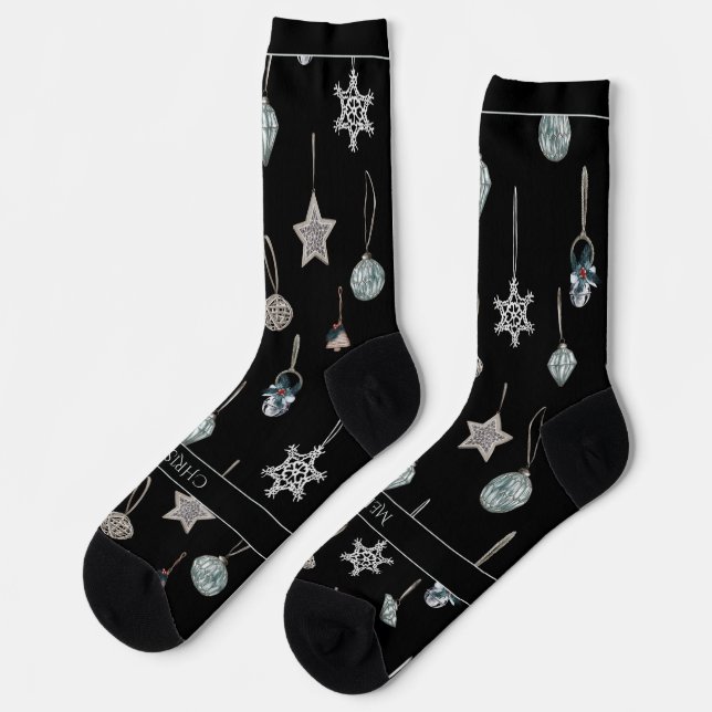 Silver Tree Toys on Black Christmas Socken (Linkes Detail)
