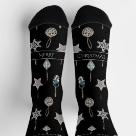 Silver Tree Toys on Black Christmas Socken