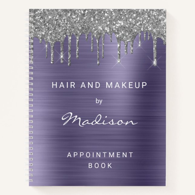 Silver Tropfen Glitzer Lila gebürstetes Metall Notizbuch (Vorderseite)