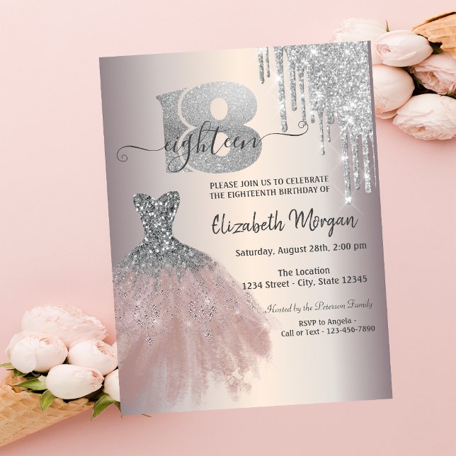 Silver Tropfens Glitzer Chic Dress 18. Geburtstag Einladung (Von Creator hochgeladen)