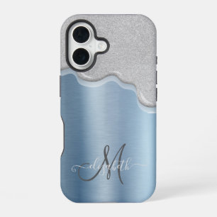 Silver Tropfens Monogram Blue Metallic iPhone 16 Hülle