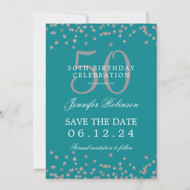 Silver Turquoise 50 Geburtstag Rett Datum Confetti Einladung (Vorderseite)