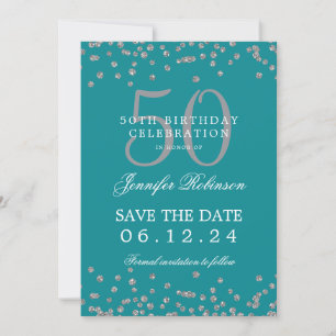 Silver Turquoise 50 Geburtstag Rett Datum Confetti Einladung
