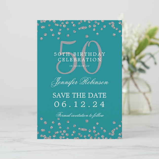 Silver Turquoise 50. Geburtstag Rett Datum & Detai Einladung (Stehend Vorderseite)