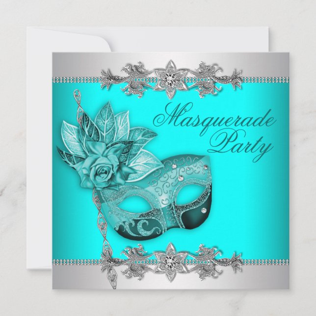 Silver Turquoise Blue Masquerade Party Einladungen (Vorderseite)