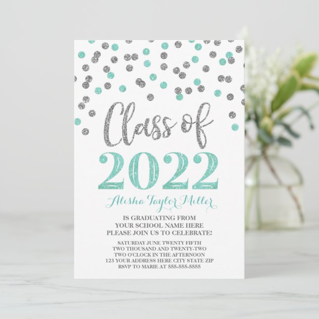 Silver Turquoise Confetti Graduation Party 2022 Einladung (Stehend Vorderseite)