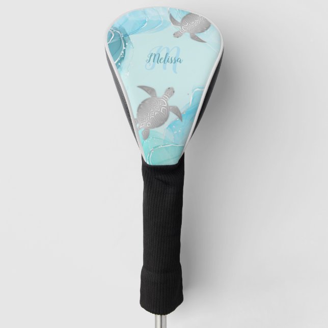 Silver Turtle Blue Coastal Monogram - Ihr Name Golf Headcover (Vorderseite)
