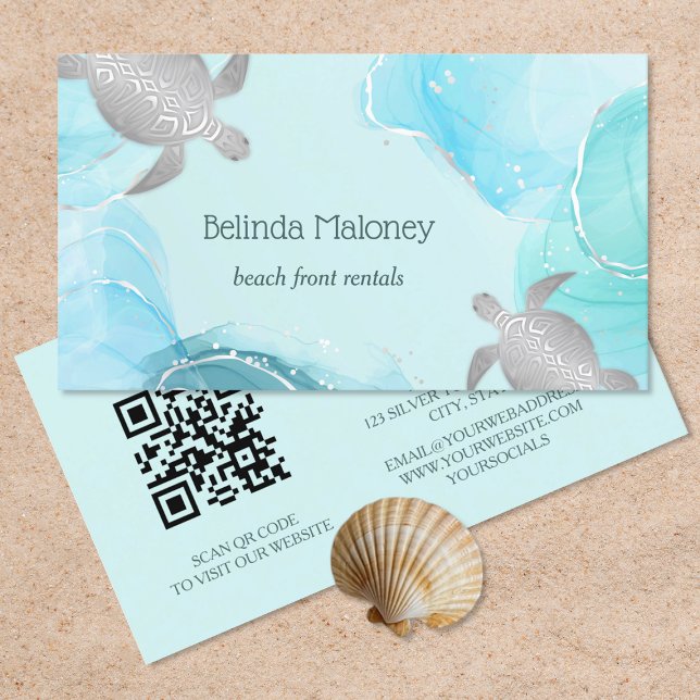 Silver Turtle Blue Ink Coastal QR Code Visitenkarte (Von Creator hochgeladen)